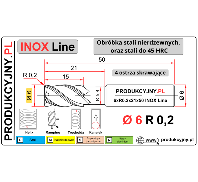 Frez z promieniem naroża fi 6 R0,2 INOX LINE